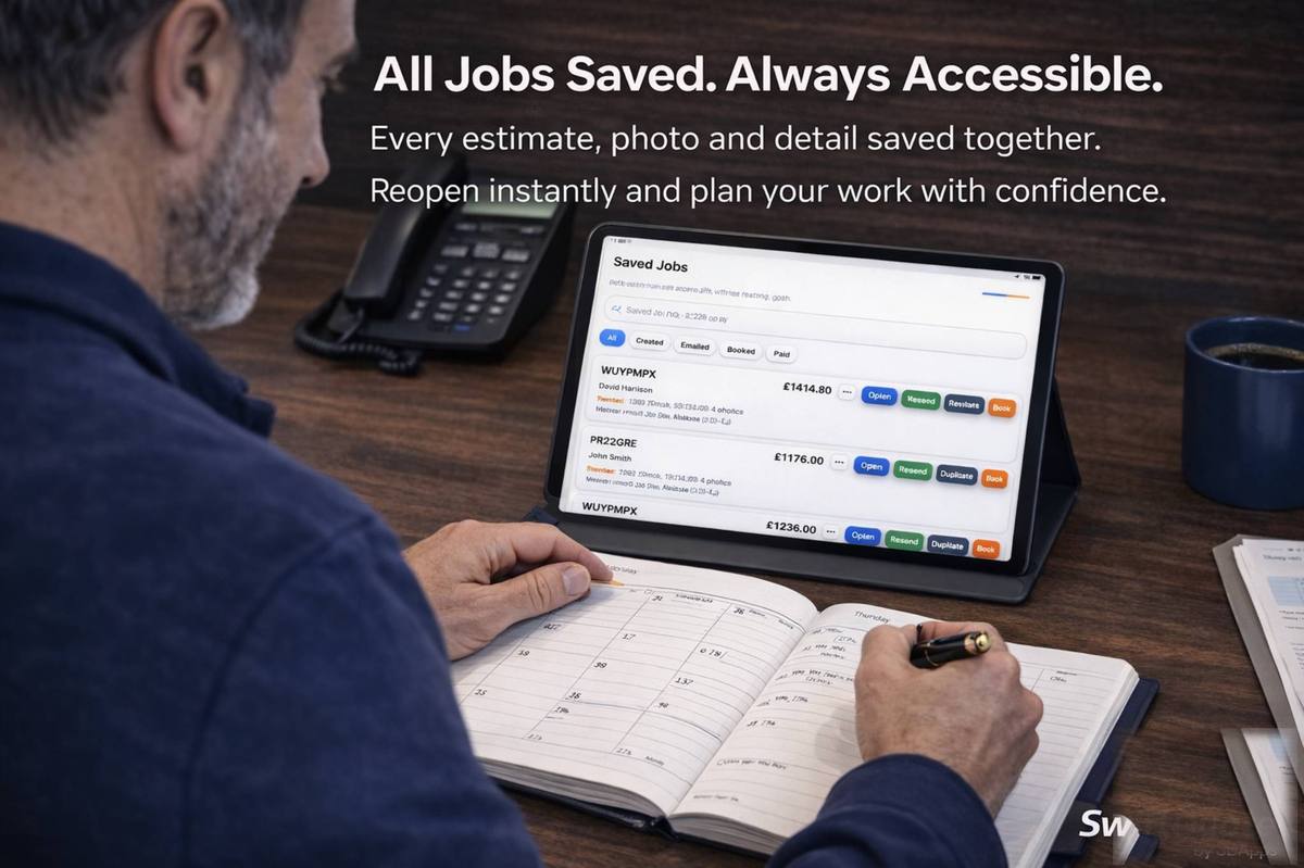 SwiftQuote Solo saved jobs screen for reopening previous estimates