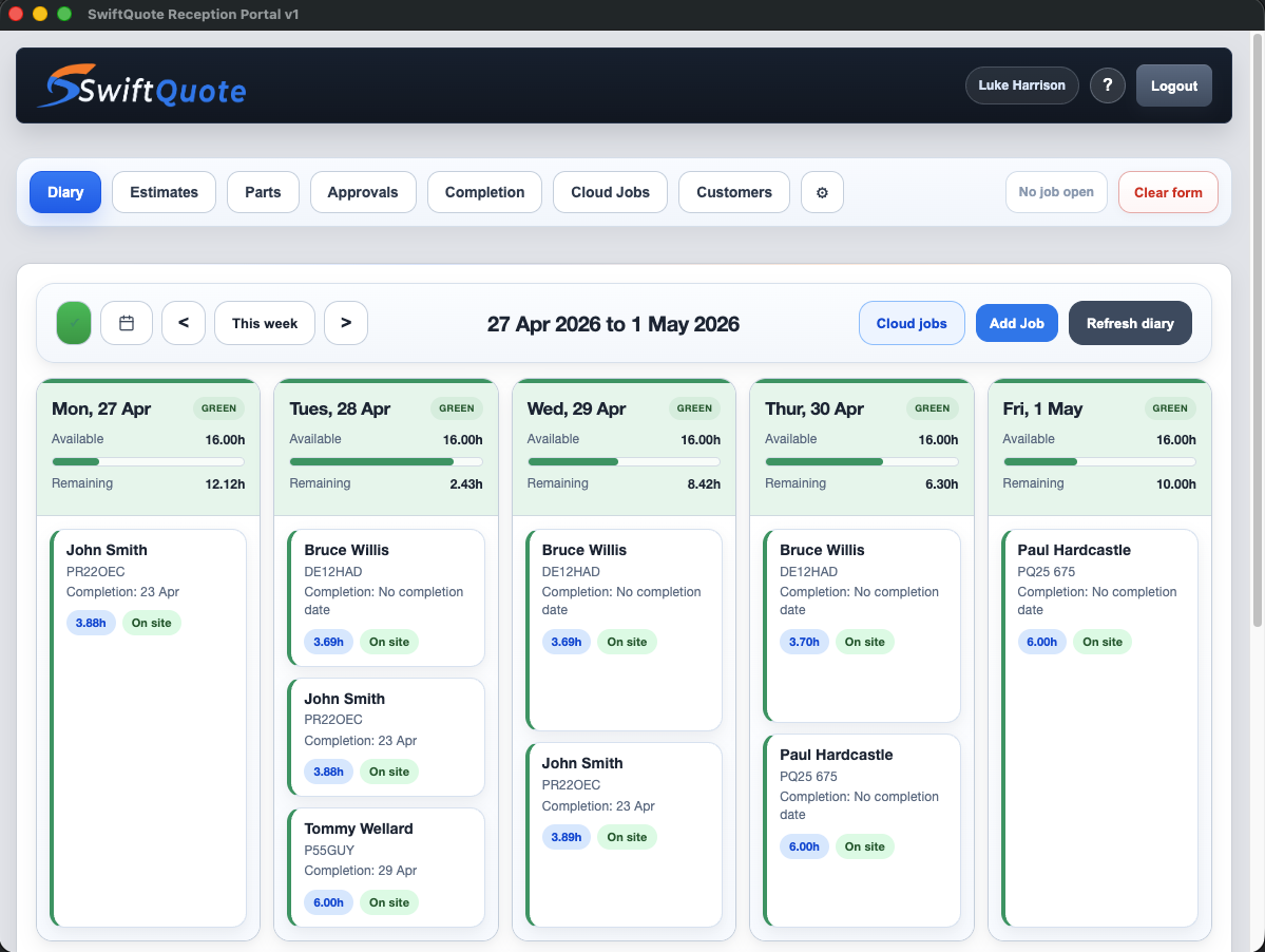 SwiftQuote Teams diary view showing bodyshop schedule and job cards