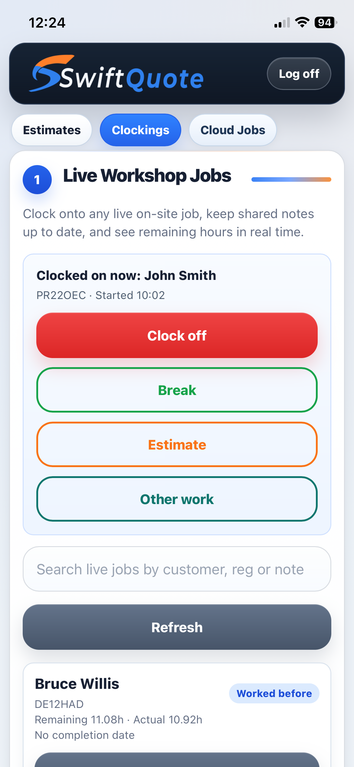 SwiftQuote Teams technician clockings screen on iPhone